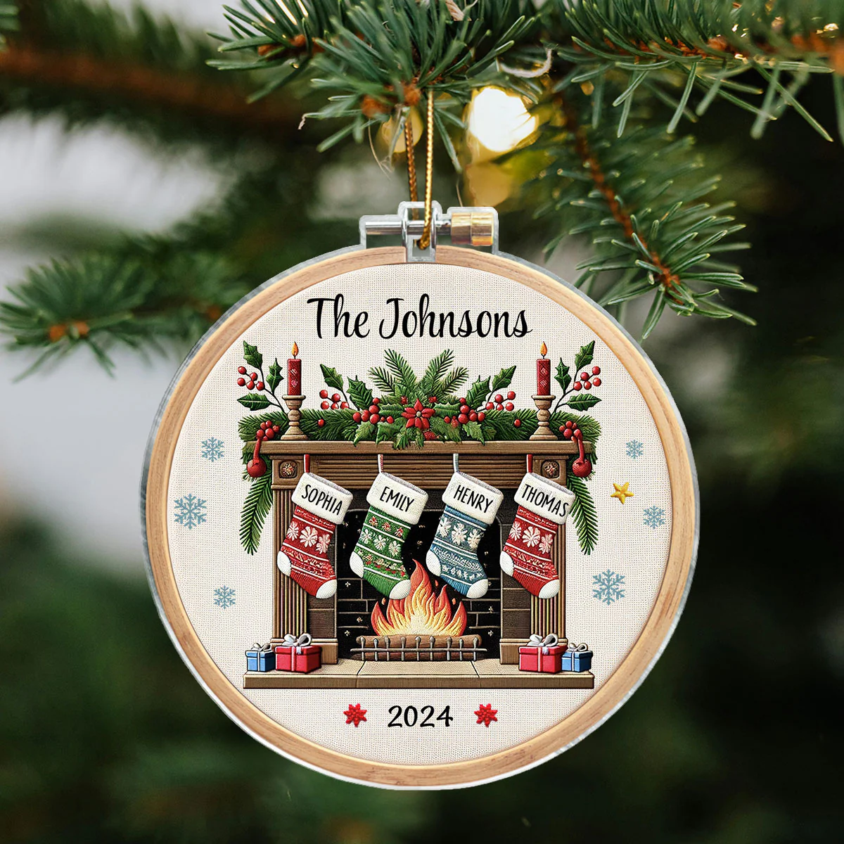 Christmas Festive Fireplace Family Christmas Stockings On Mantel Embroidery Effect Personalized Acrylic Ornament - Image 5