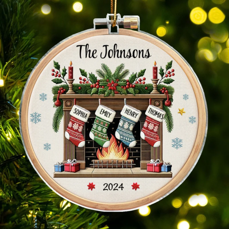 Christmas Festive Fireplace Family Christmas Stockings On Mantel Embroidery Effect Personalized Acrylic Ornament - Image 7