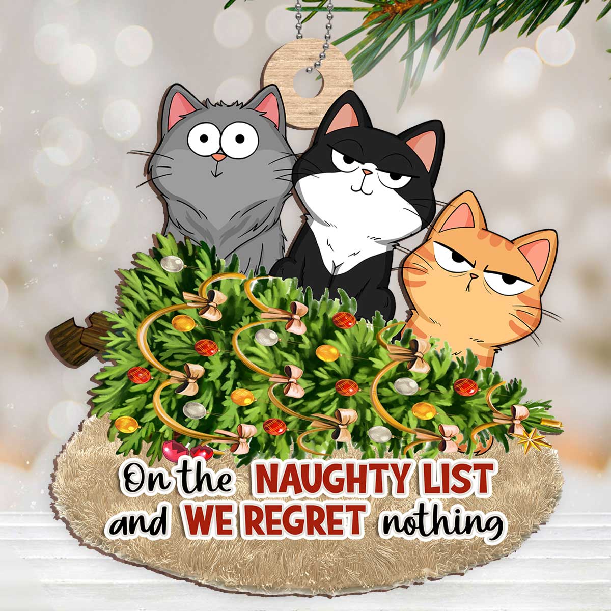Christmas Fluffy Cat Funny Expressions On The Naughty List Regret Nothing Personalized Wooden Ornament - Image 2