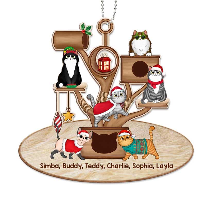 Christmas Fluffy Cat Tower Personalized Wooden Ornament