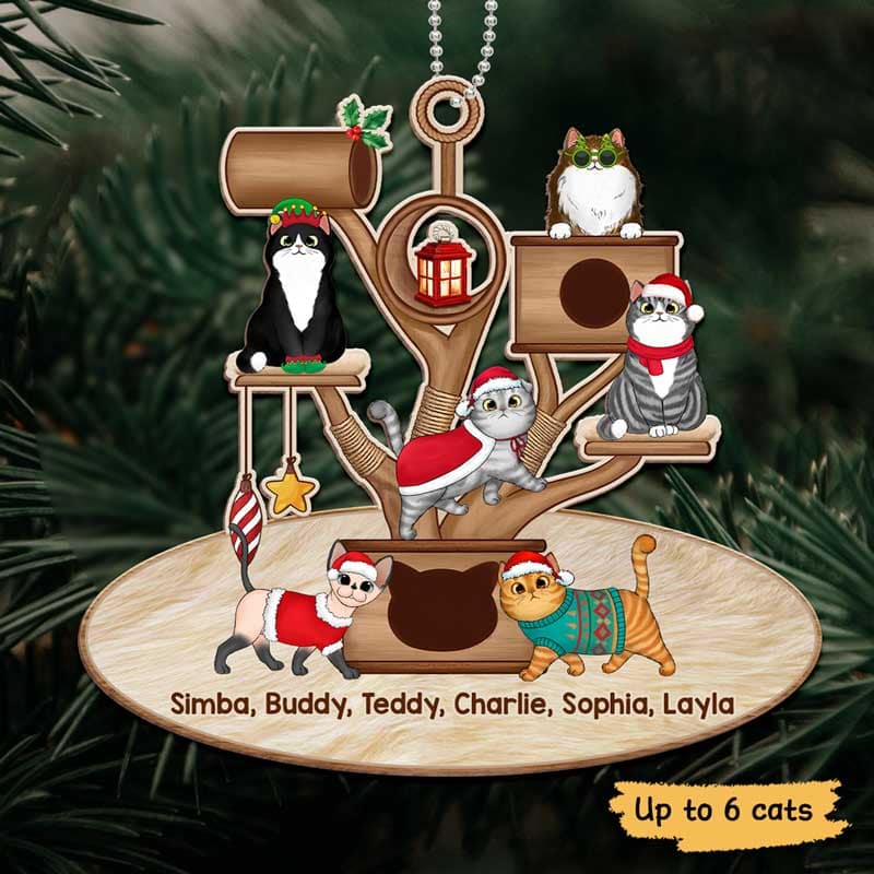 Christmas Fluffy Cat Tower Personalized Wooden Ornament - Image 2