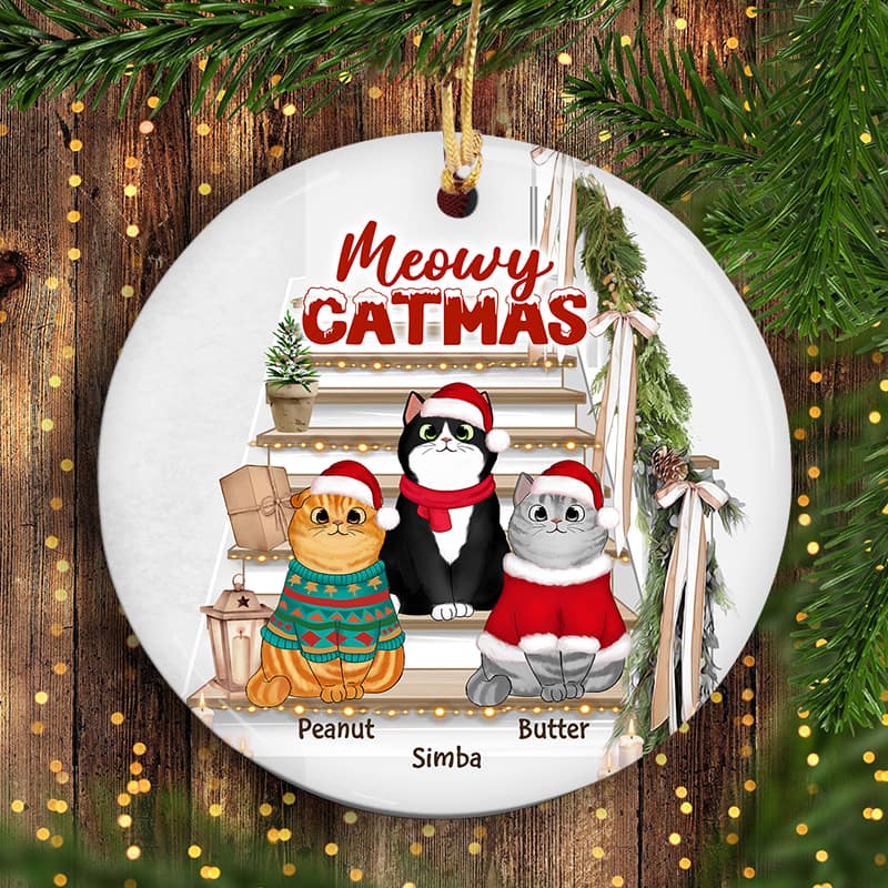 Christmas Fluffy Cats On Stair Personalized Circle Ornament - Image 2