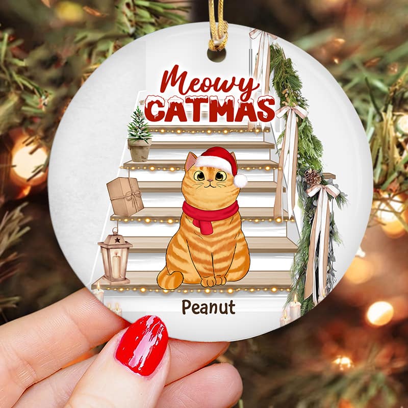 Christmas Fluffy Cats On Stair Personalized Circle Ornament - Image 3
