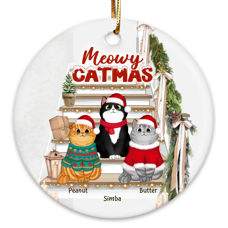 Christmas Fluffy Cats On Stair Personalized Circle Ornament - Image 4