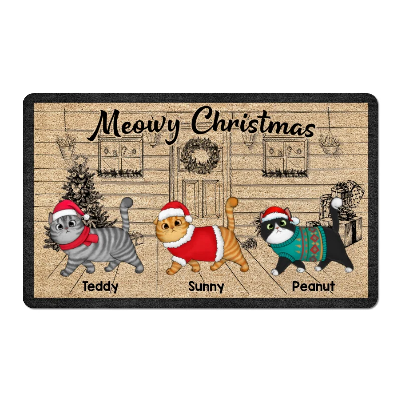 Christmas Fluffy Cats Walking On Front Porch Sketch Personalized Doormat - Image 2