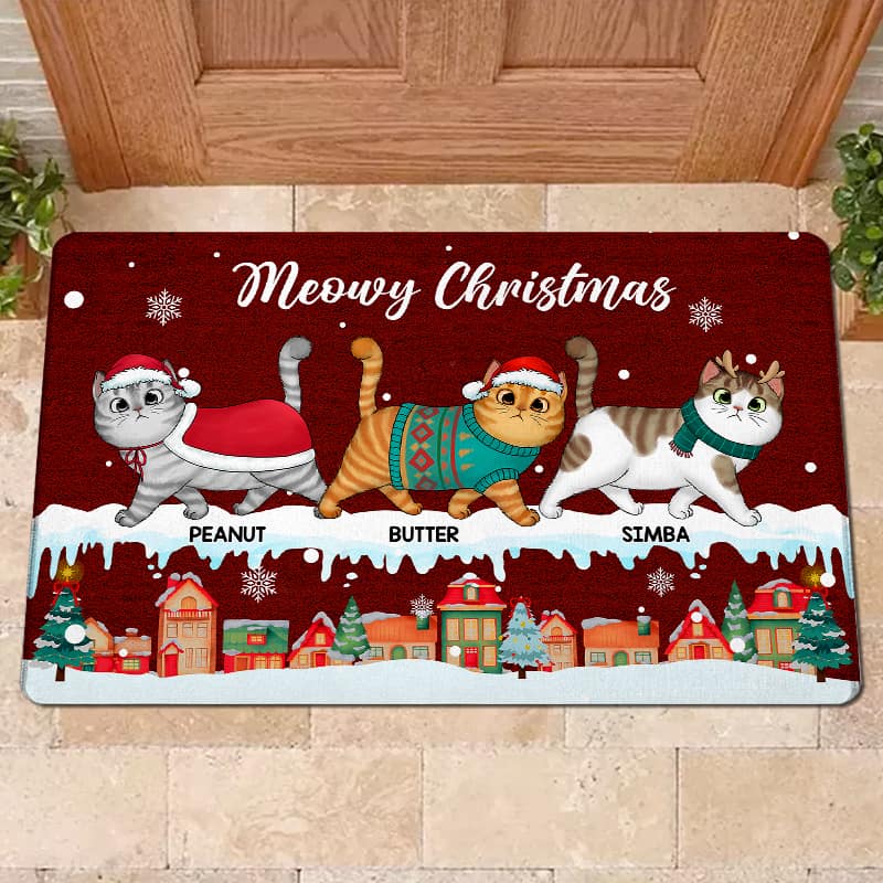 Christmas Fluffy Cats Walking Personalized Doormat - Image 2