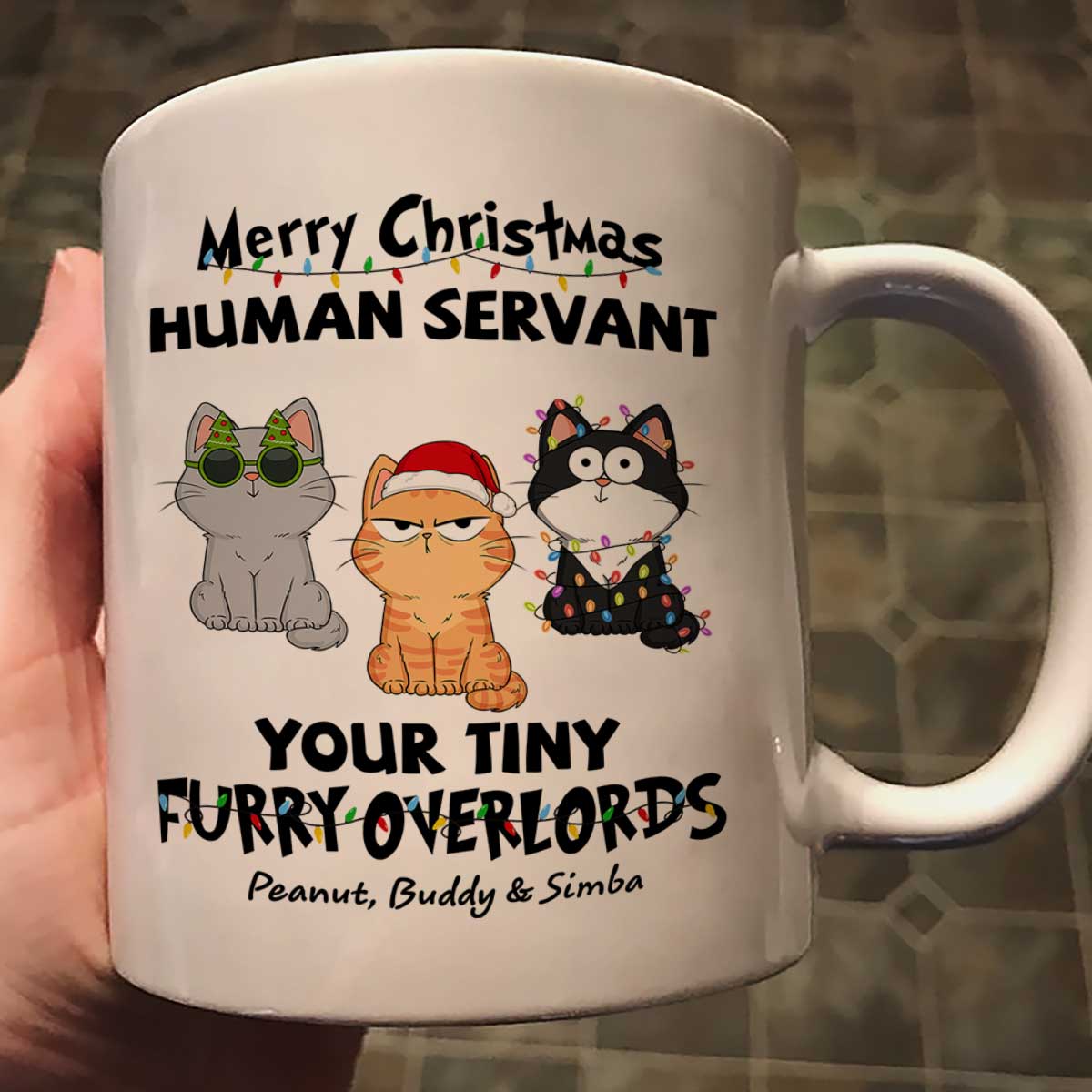 Christmas Fluffy Funny Cats Expressions Merry Christmas Human Servant Personalized Mug - Image 2