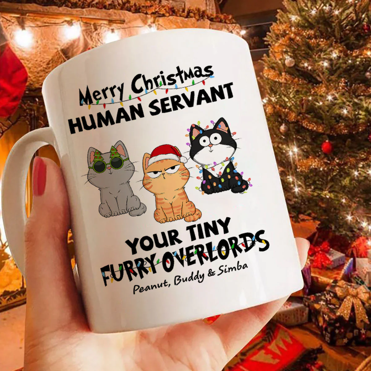 Christmas Fluffy Funny Cats Expressions Merry Christmas Human Servant Personalized Mug - Image 3