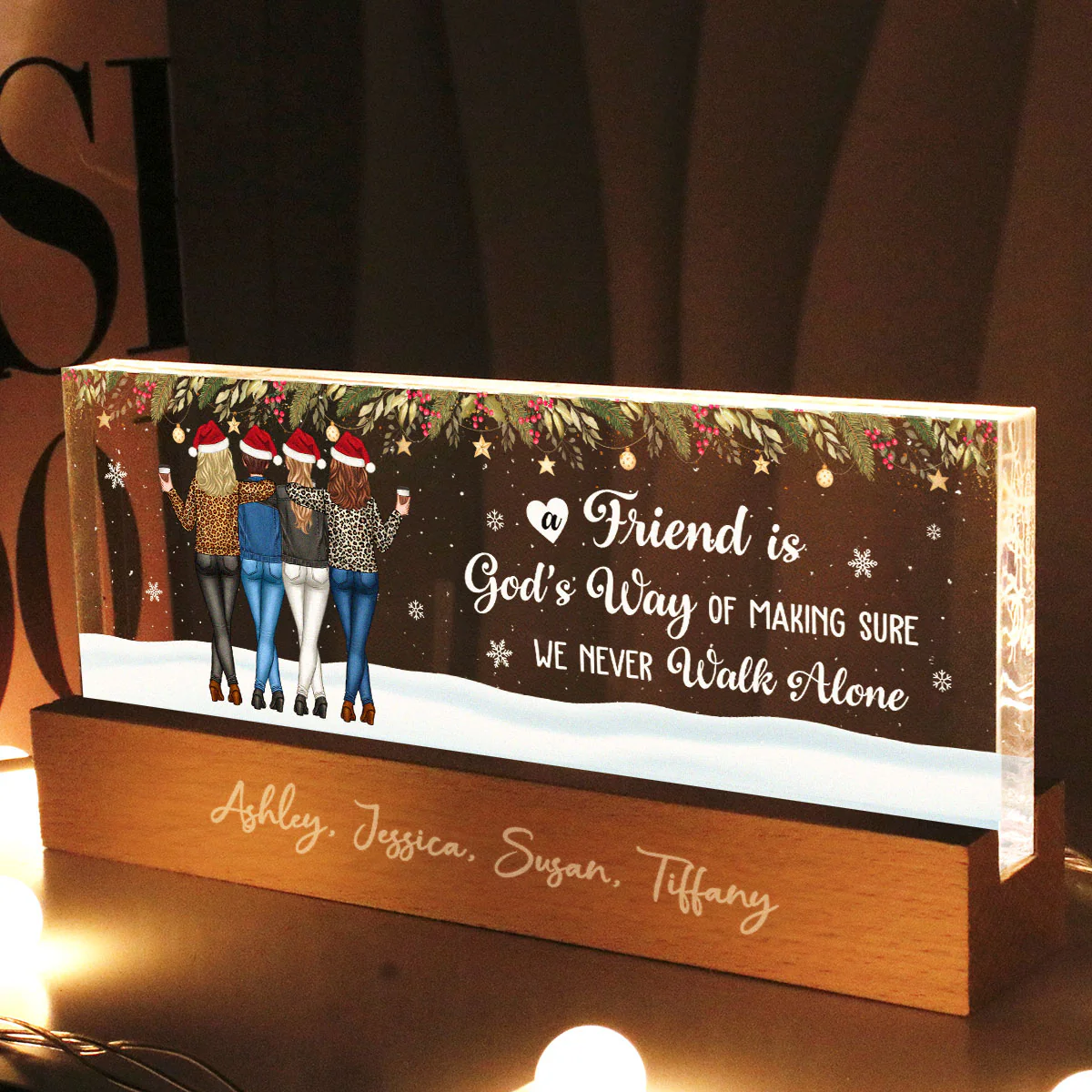 Christmas Friends Standing In Snow Personalized Acrylic Block LED Night Light - Image 2