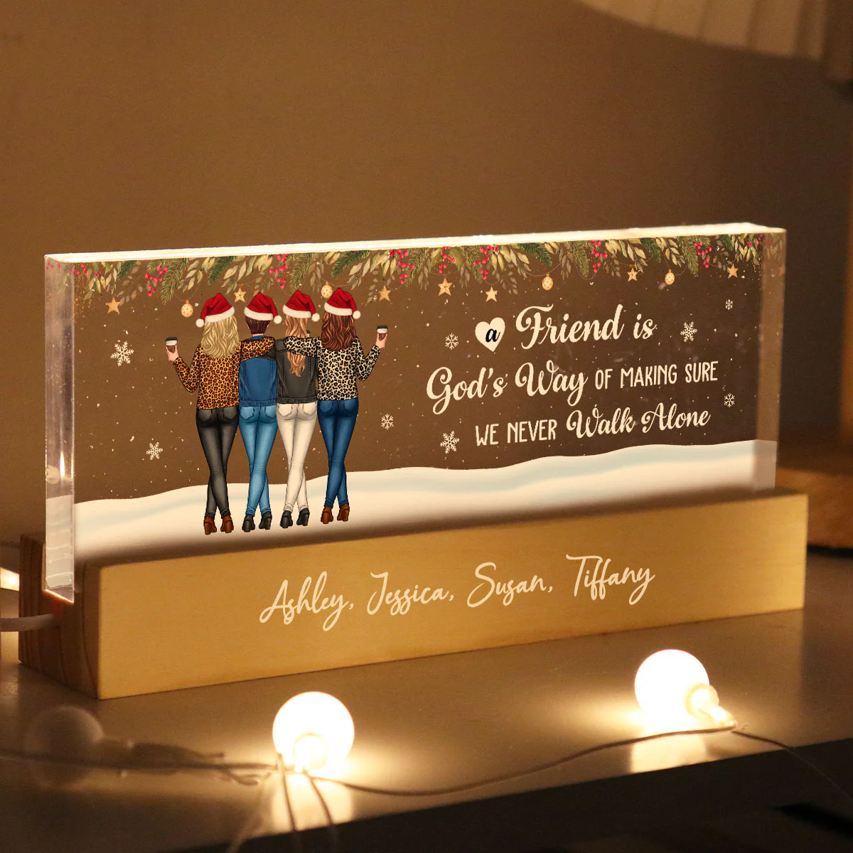 Christmas Friends Standing In Snow Personalized Acrylic Block LED Night Light - Image 3