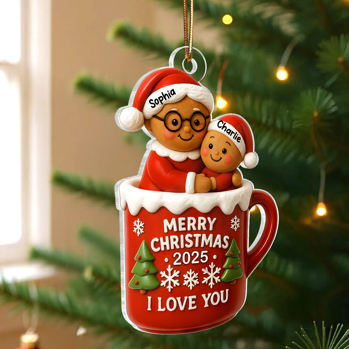 Christmas Gingerbread Grandma Hugging Grandkid In Hot Cocoa Personalized Acrylic Ornament - Image 4