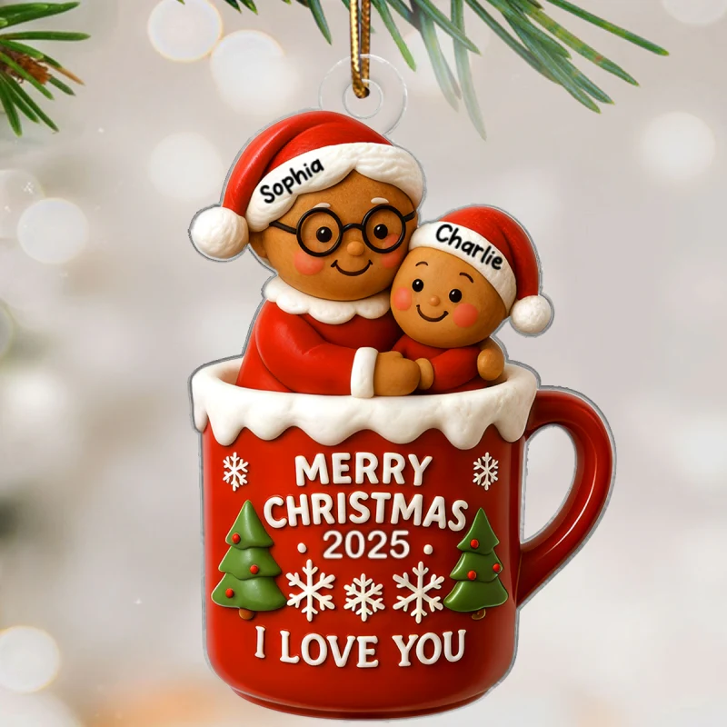Christmas Gingerbread Grandma Hugging Grandkid In Hot Cocoa Personalized Acrylic Ornament - Image 6