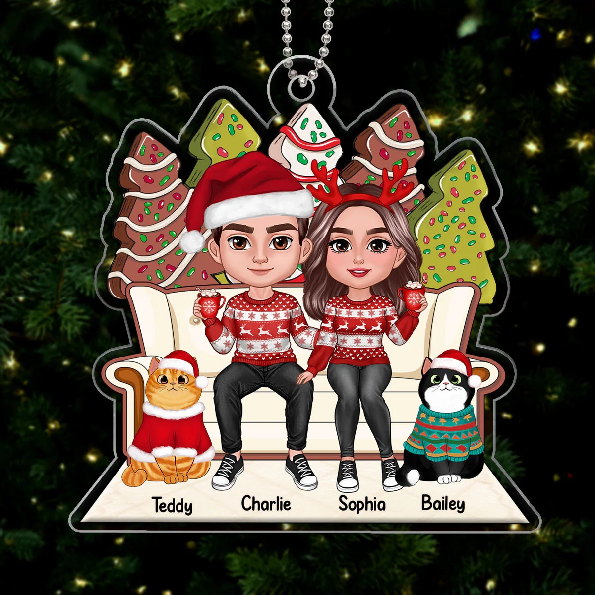 Christmas Gingerbread Tree Cake Patterned Couple & Cats On Sofa Personalized Acrylic Ornament