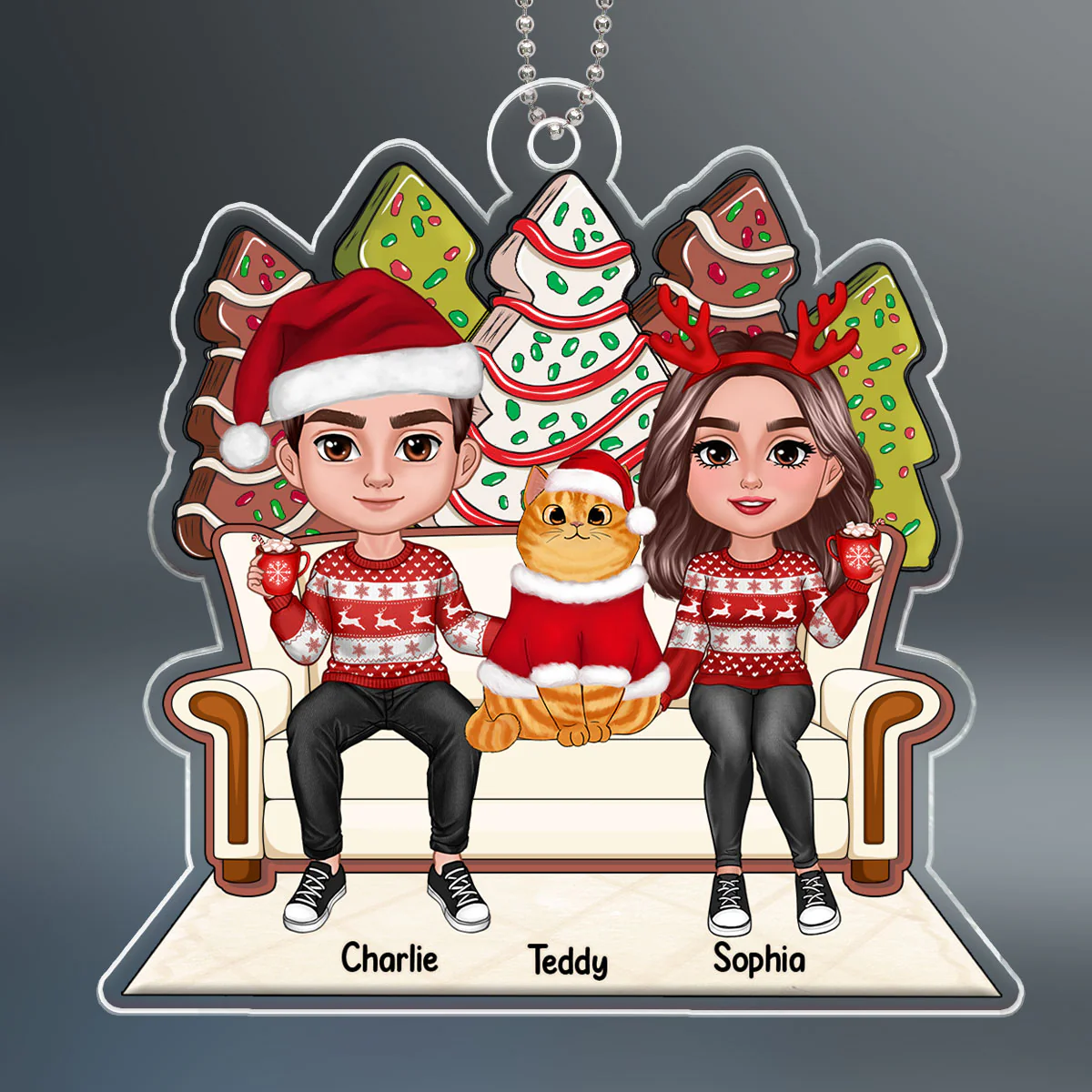 Christmas Gingerbread Tree Cake Patterned Couple & Cats On Sofa Personalized Acrylic Ornament - Image 2