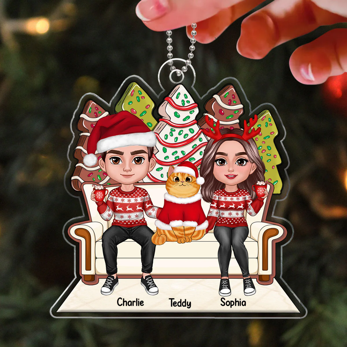 Christmas Gingerbread Tree Cake Patterned Couple & Cats On Sofa Personalized Acrylic Ornament - Image 3