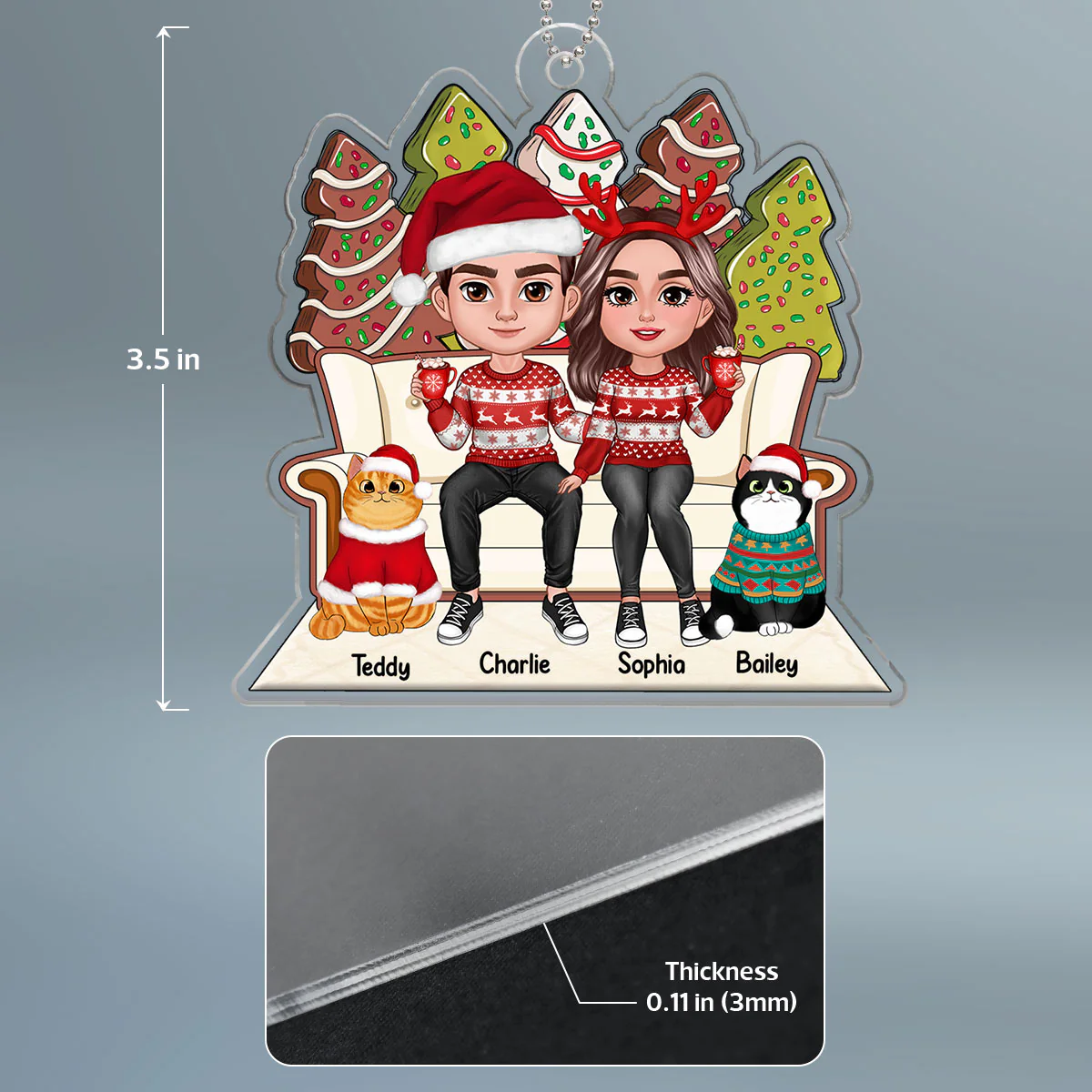 Christmas Gingerbread Tree Cake Patterned Couple & Cats On Sofa Personalized Acrylic Ornament - Image 4