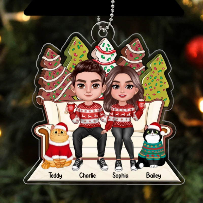 Christmas Gingerbread Tree Cake Patterned Couple & Cats On Sofa Personalized Acrylic Ornament - Image 5