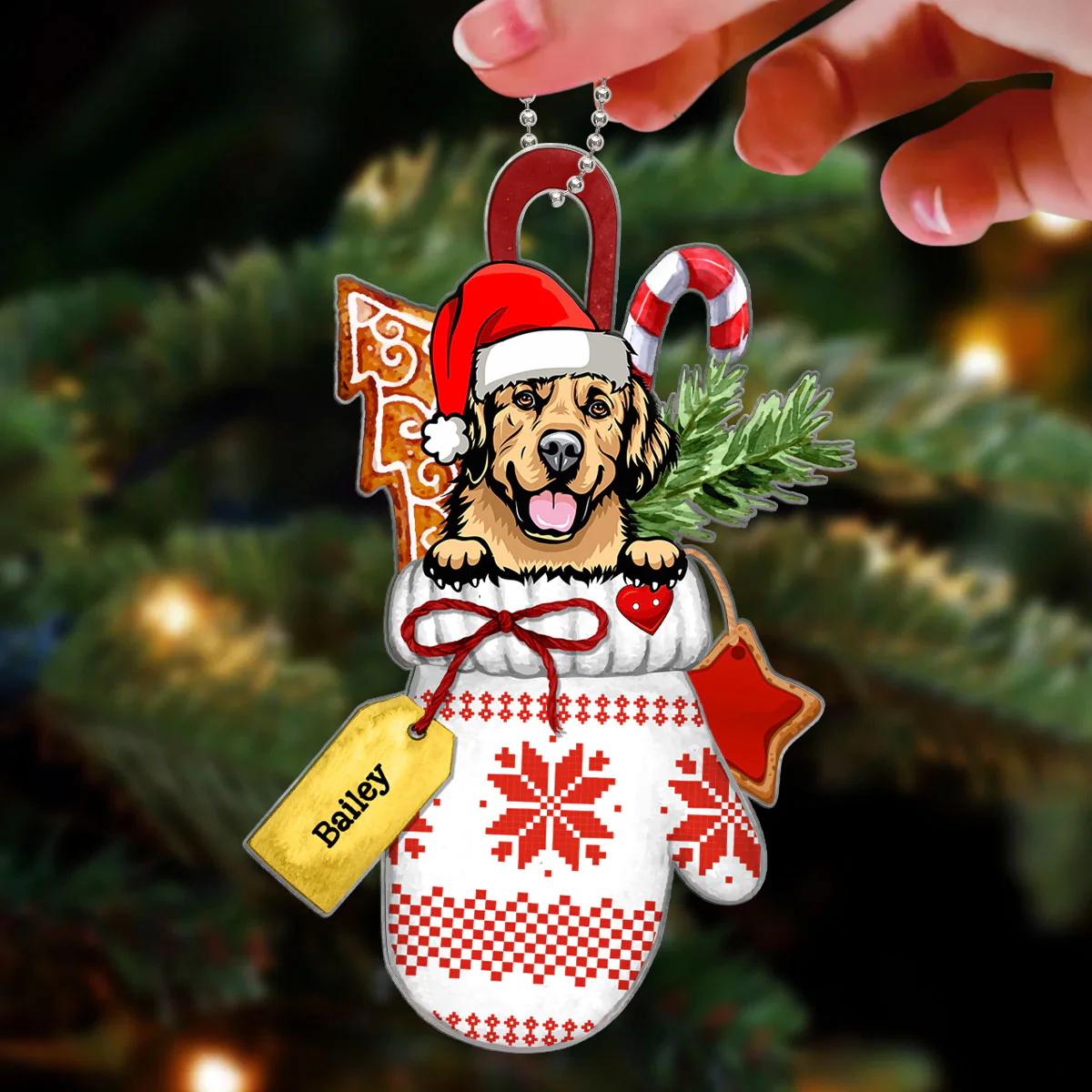Christmas Glove Peeking Dog Personalized Acrylic Ornament - Image 3