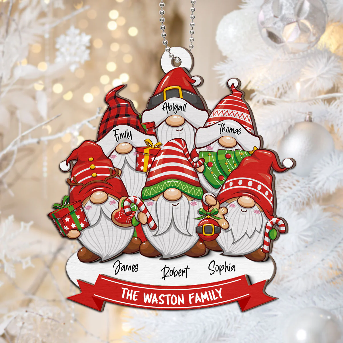 Christmas Gnome Family Personalized 2-Layer Wooden Ornament - Image 3