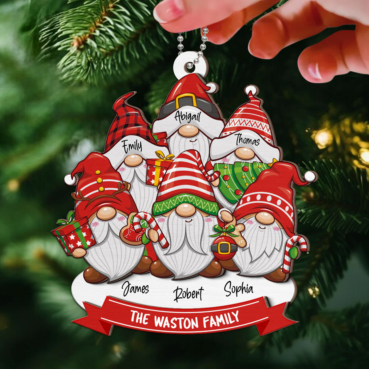 Christmas Gnome Family Personalized 2-Layer Wooden Ornament - Image 4