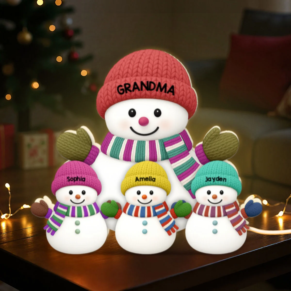 3D Effect Heartwarming Christmas Grandma Grandkids Snowman Together - Personalized Light Box - Gift For Grandmas - Image 13