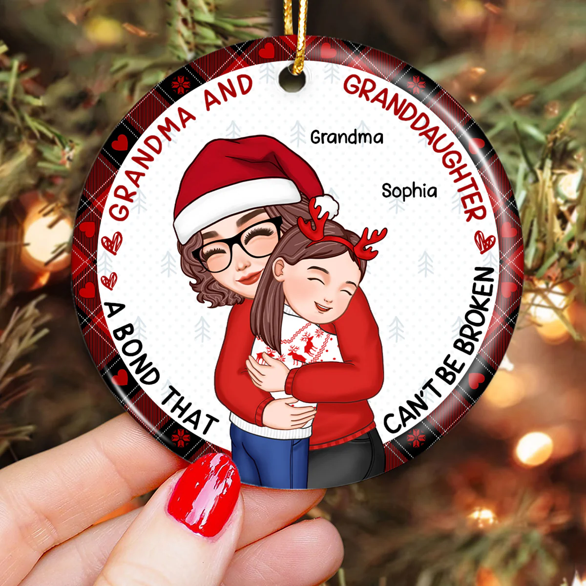 Christmas Grandma And GrandKid Embracing Gift For Granddaughter Grandson Personalized Circle Ornament - Image 3