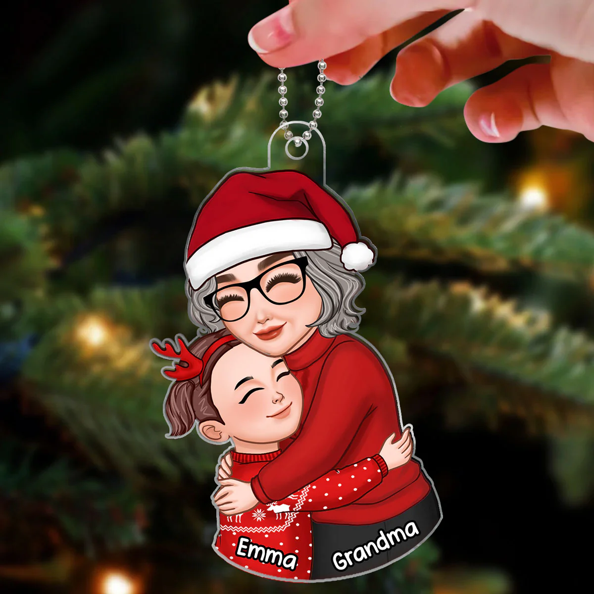 Christmas Grandma & Grandkid Hugging Gift For Granddaughter Grandson Personalized Acrylic Ornament - Image 3