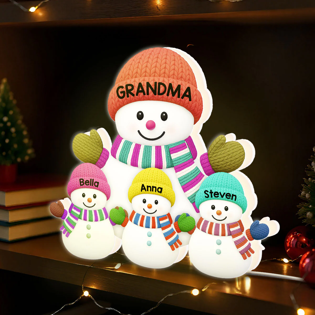 3D Effect Heartwarming Christmas Grandma Grandkids Snowman Together - Personalized Light Box - Gift For Grandmas - Image 10