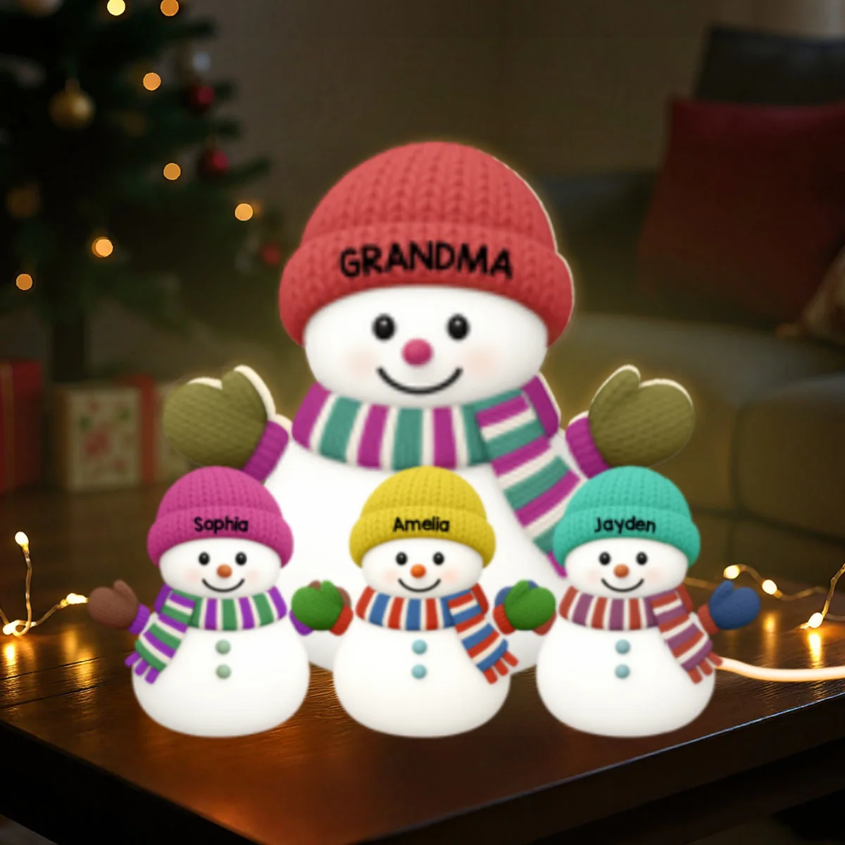 3D Effect Heartwarming Christmas Grandma Grandkids Snowman Together - Personalized Light Box - Gift For Grandmas - Image 13