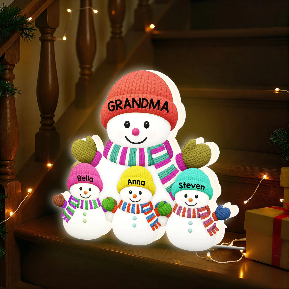 3D Effect Heartwarming Christmas Grandma Grandkids Snowman Together - Personalized Light Box - Gift For Grandmas - Image 9