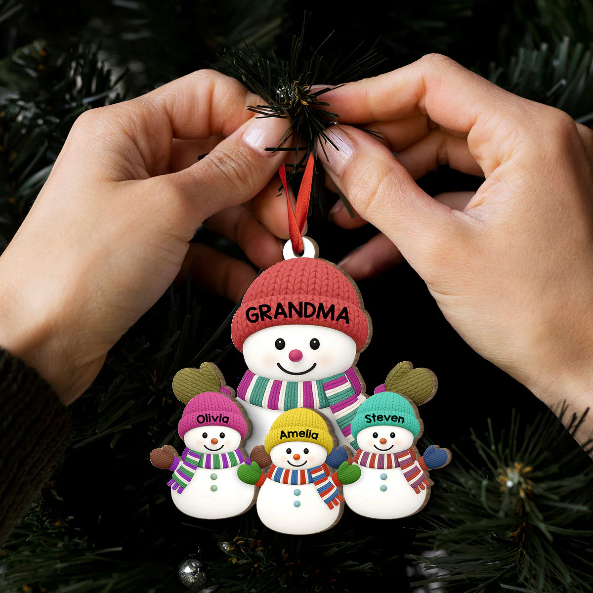 Christmas Grandma Grandkids Snowman Together Christmas - Personalized 2-Layer Wooden Ornament - Image 6