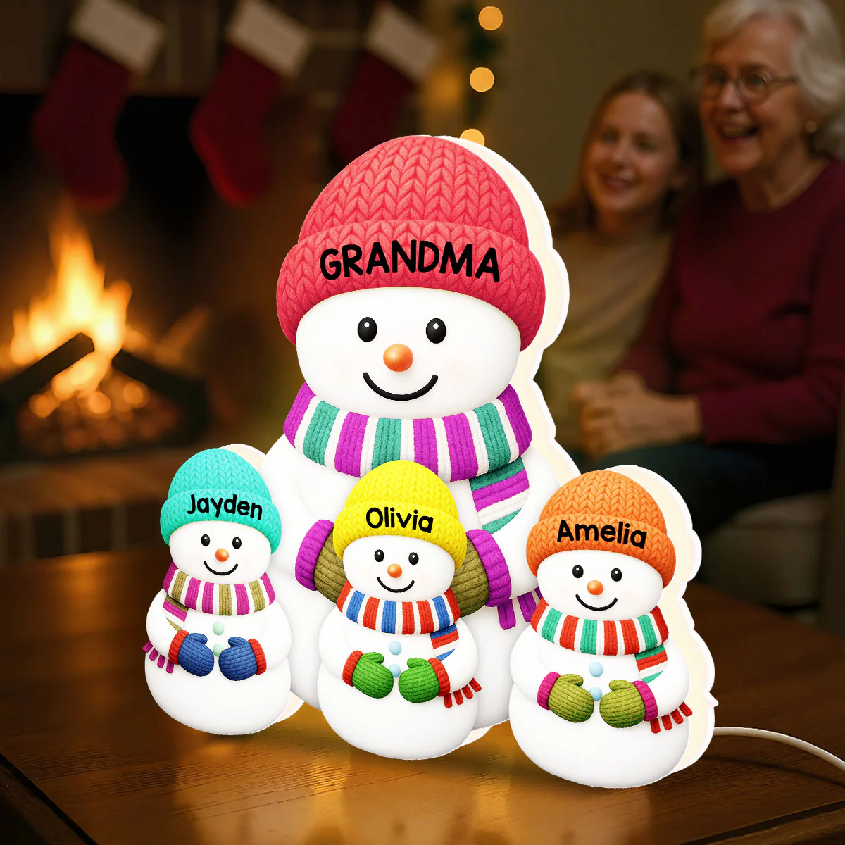 3D Effect Heartwarming Christmas Grandma Grandpa Grandkids Snowman Together - Personalized Light Box - Gift For Grandmas - Image 9