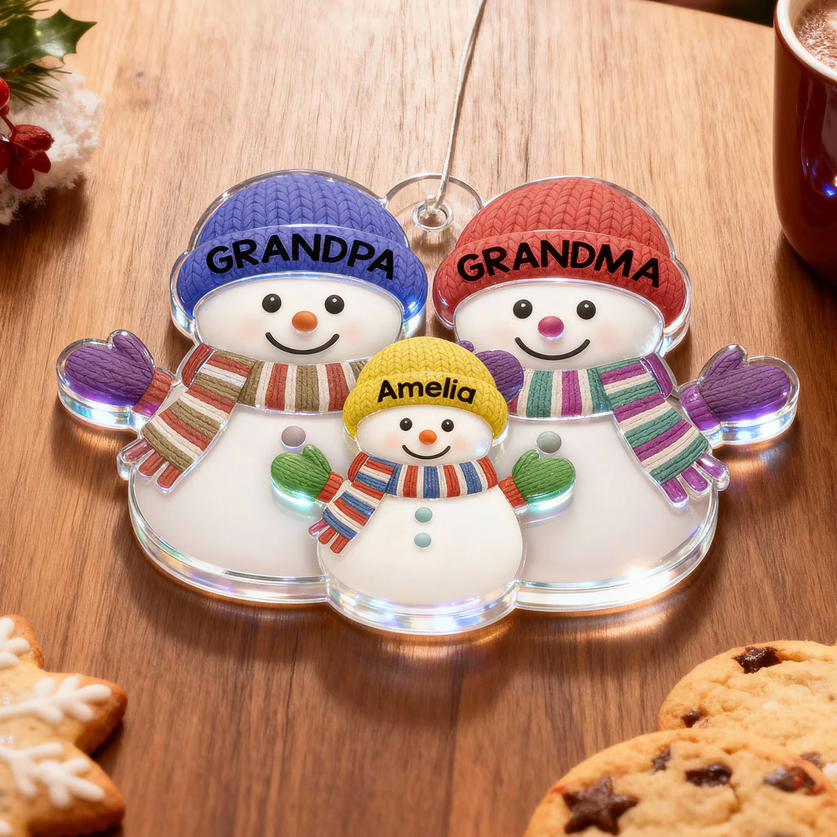 Christmas Grandma Grandpa And Grandkid Snowman Together - Personalized Acrylic Ornament - Image 5