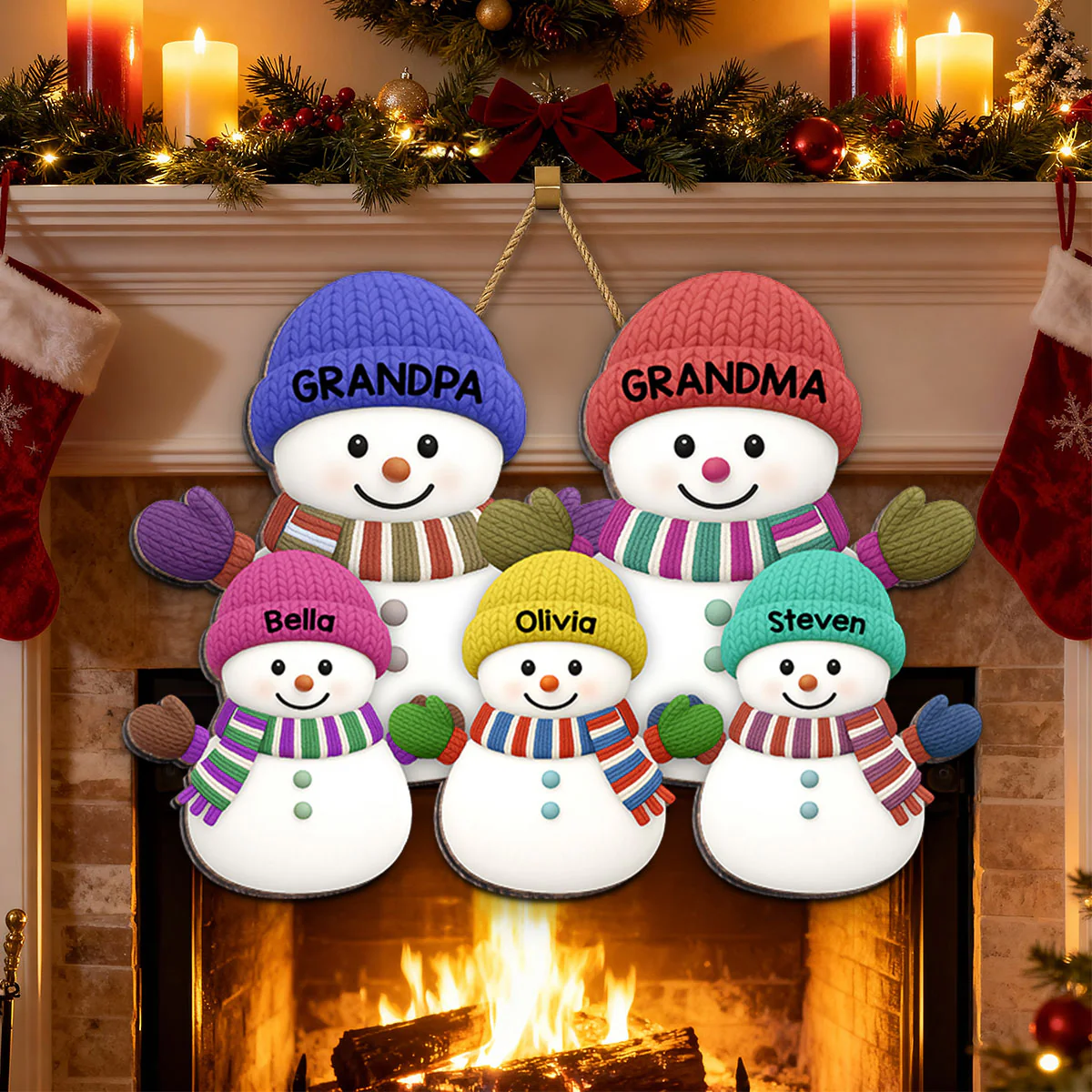 Christmas Grandma Grandpa And Grandkids Snowman Together - Personalized Wood Sign - Image 4