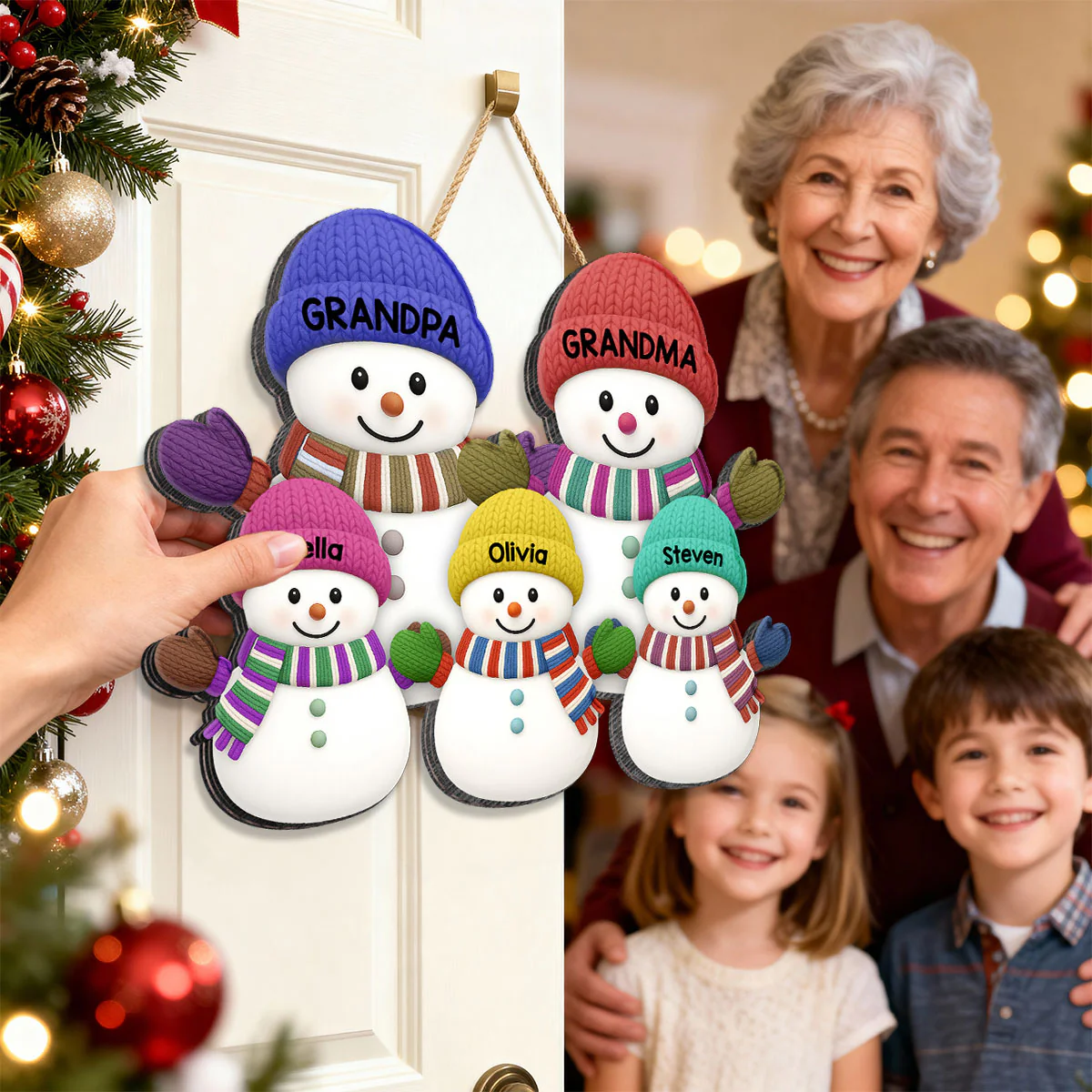 Christmas Grandma Grandpa And Grandkids Snowman Together - Personalized Wood Sign - Image 5