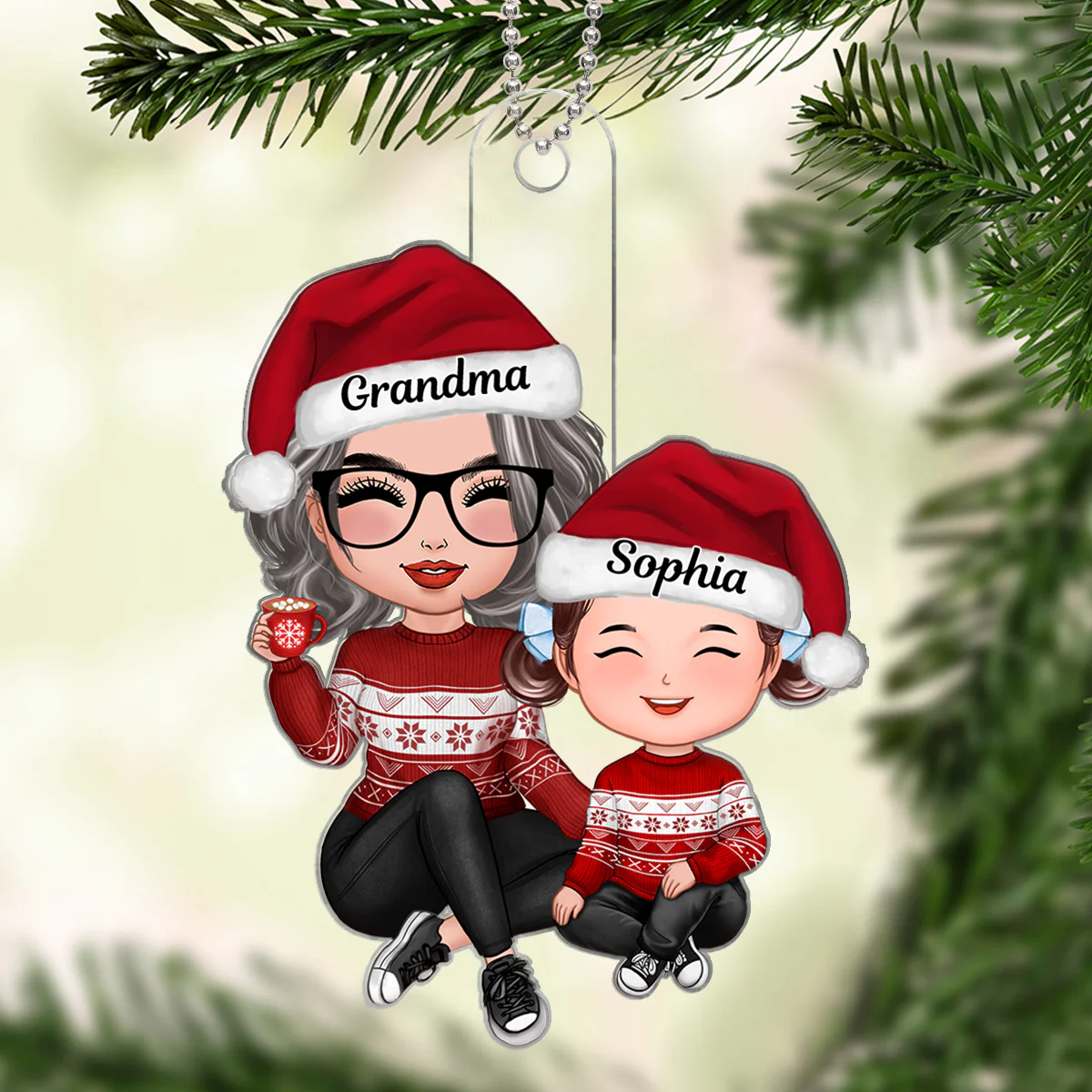 Christmas Grandma Grandson Granddaughter Happy Face Sitting Personalized Acrylic Ornament