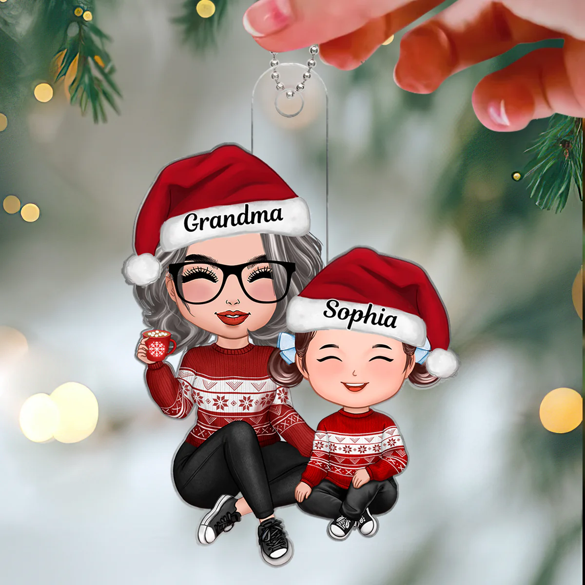 Christmas Grandma Grandson Granddaughter Happy Face Sitting Personalized Acrylic Ornament - Image 3