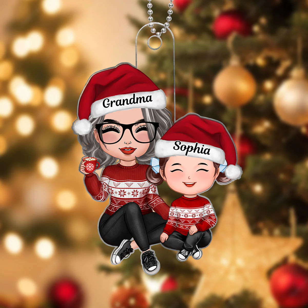 Christmas Grandma Grandson Granddaughter Happy Face Sitting Personalized Acrylic Ornament - Image 4