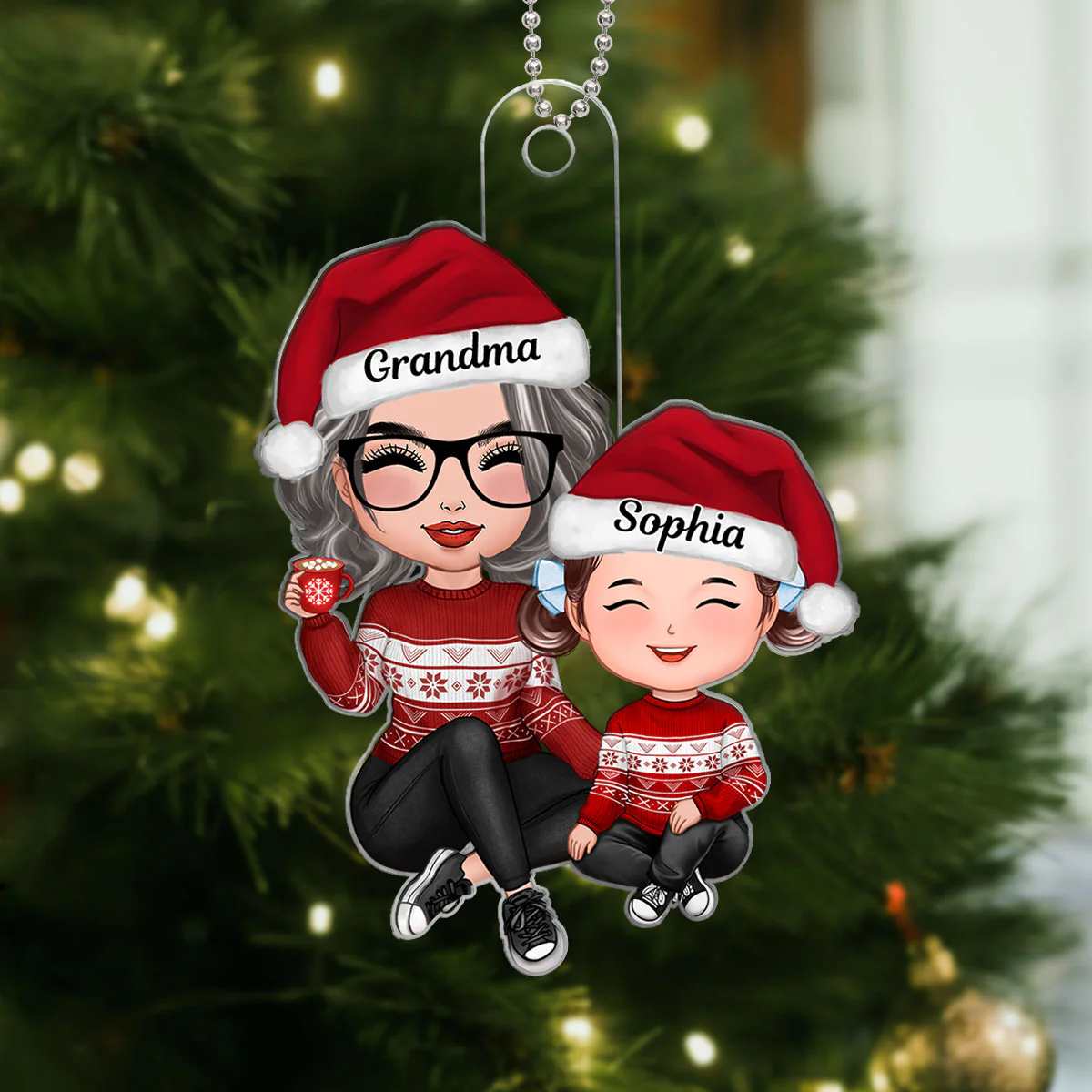 Christmas Grandma Grandson Granddaughter Happy Face Sitting Personalized Acrylic Ornament - Image 5