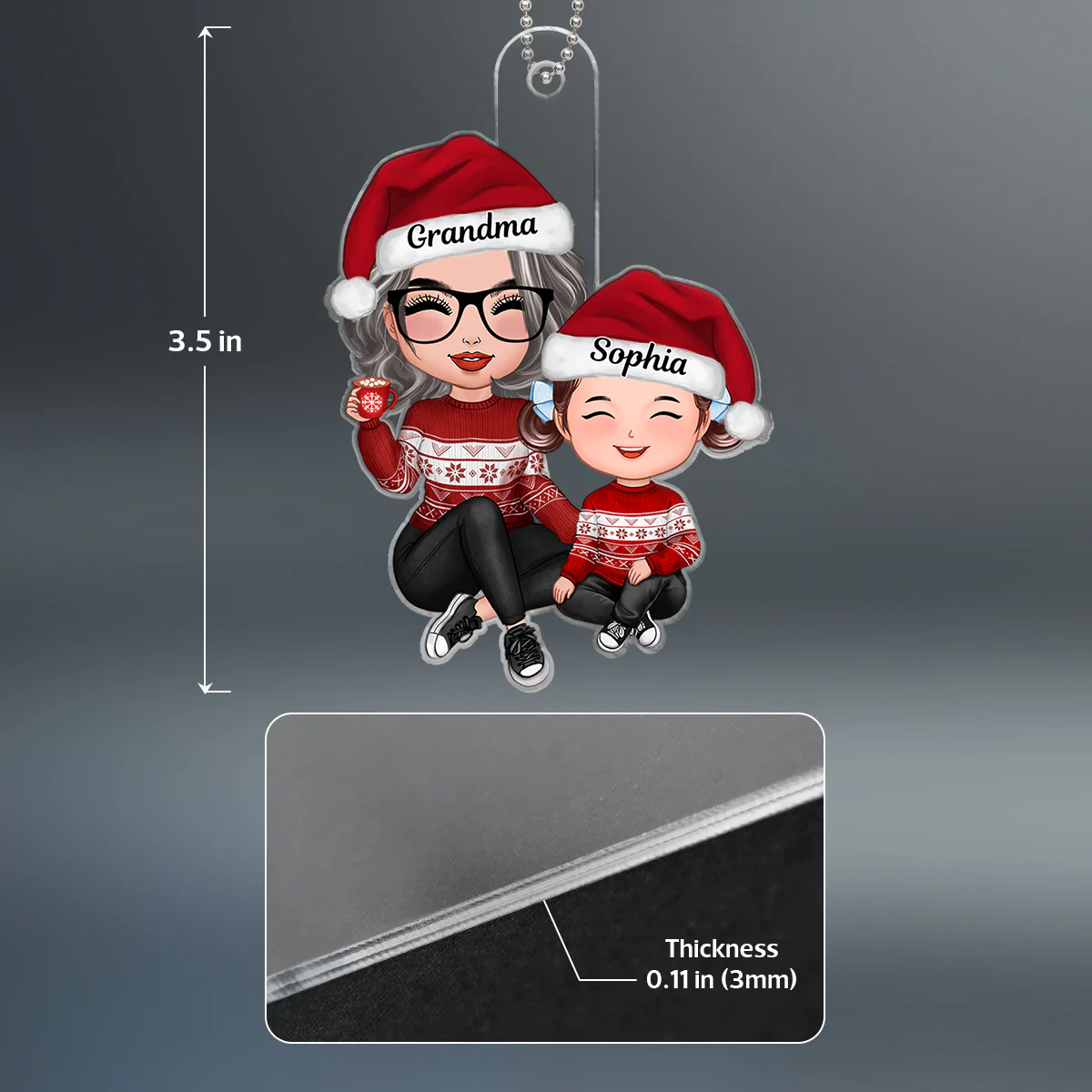 Christmas Grandma Grandson Granddaughter Happy Face Sitting Personalized Acrylic Ornament - Image 6