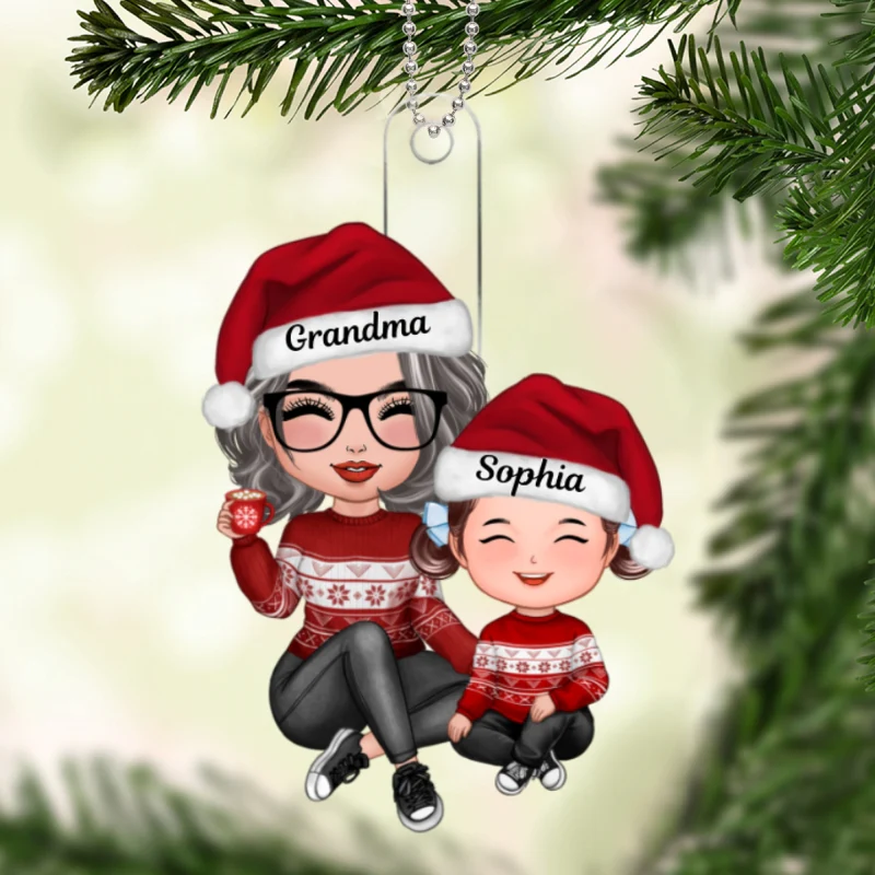 Christmas Grandma Grandson Granddaughter Happy Face Sitting Personalized Acrylic Ornament - Image 7