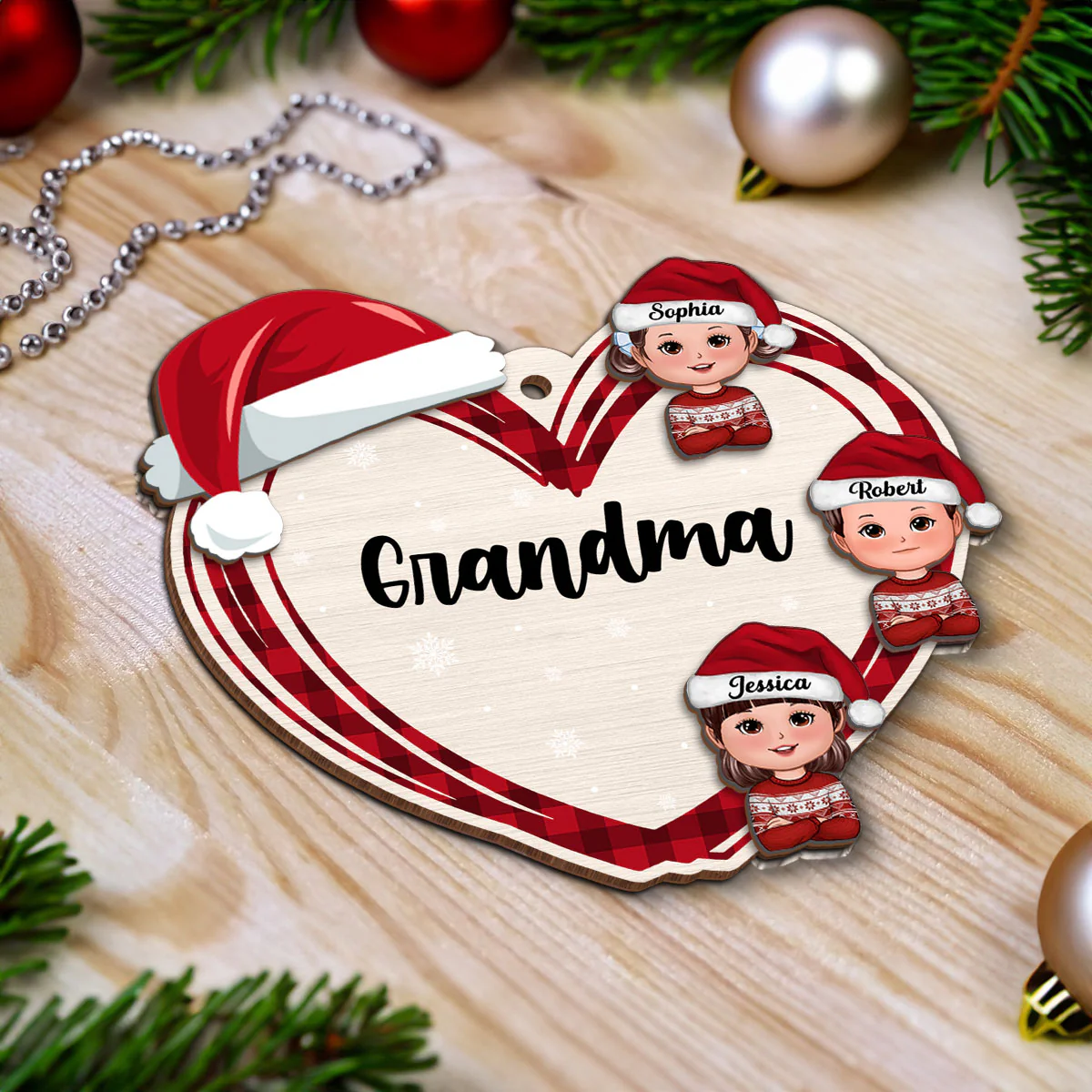 Christmas Grandma's Little Cute Kids Personalized 2-Layer Wooden Ornament - Image 4