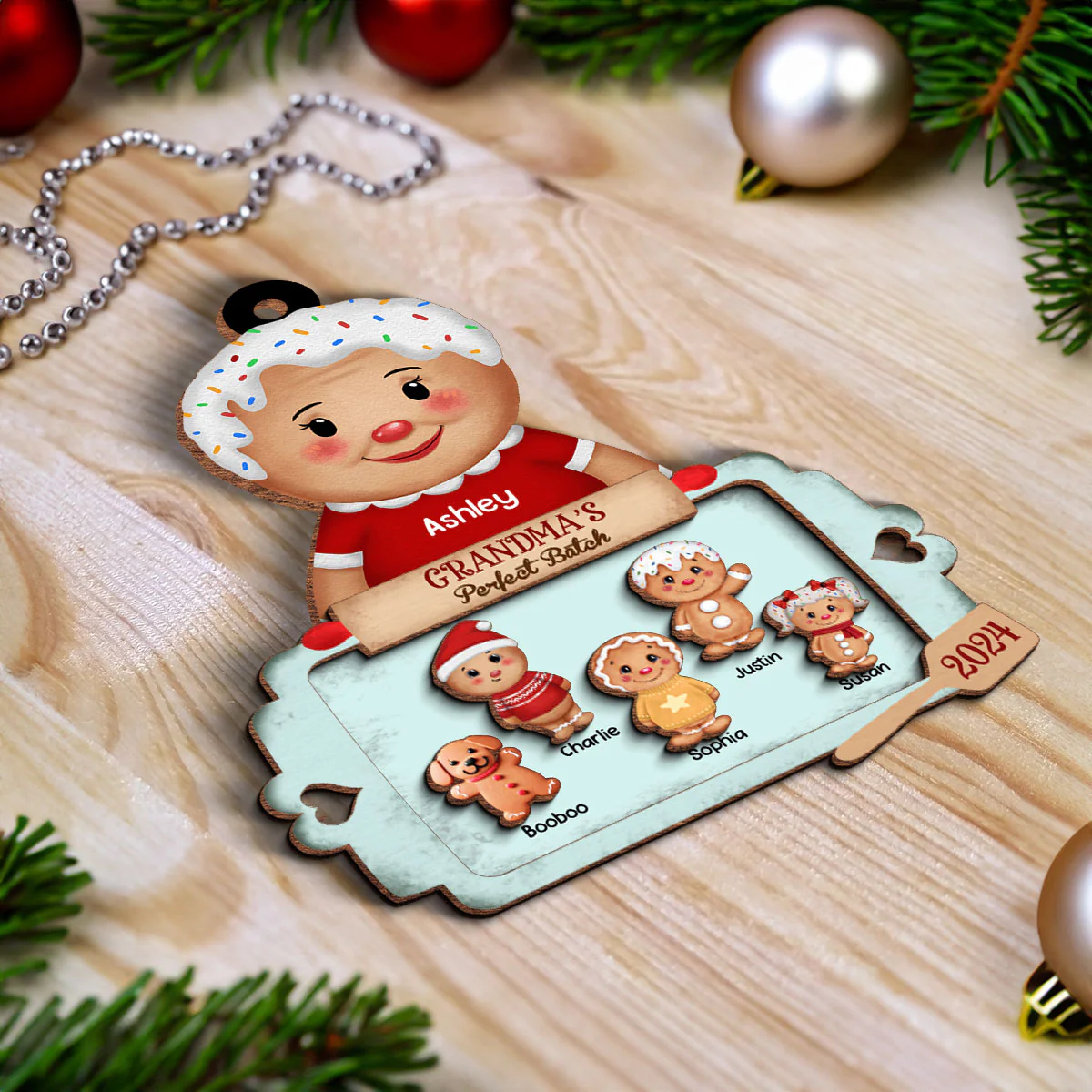 Christmas Grandma's Perfect Batch Grandkids Dogs Cats Personalized 2-Layer Wooden Ornament - Image 6