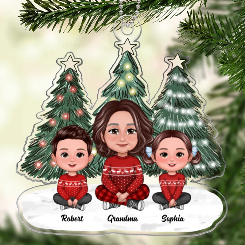 Christmas Green Tree Lights Cute Grandma & Grandkids Sitting Personalized Acrylic Ornament - Image 5
