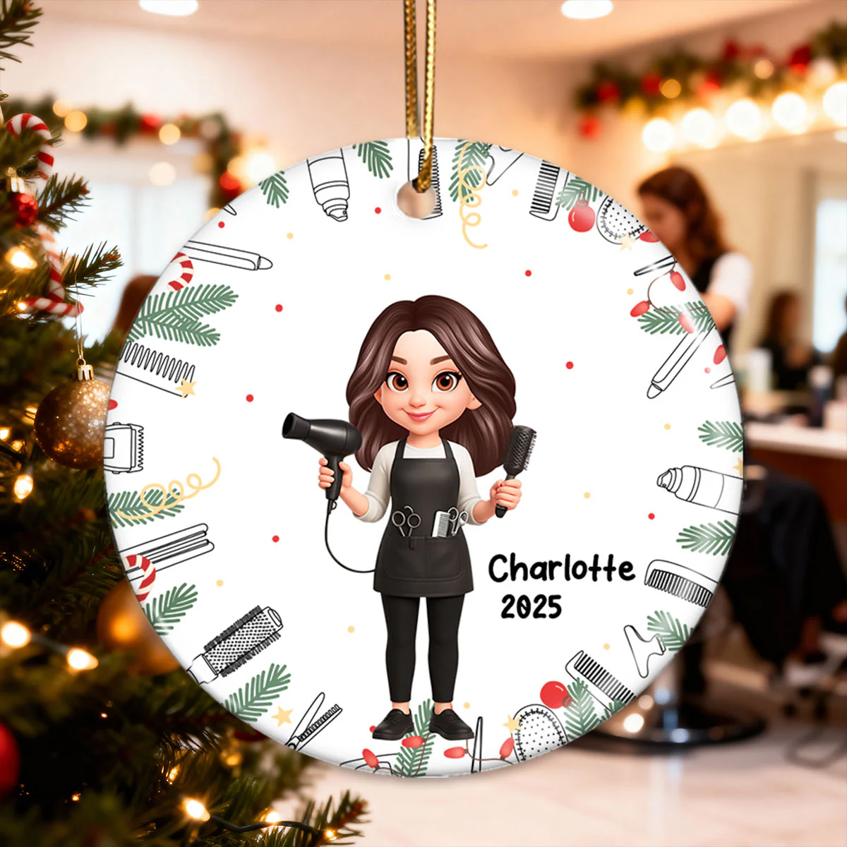 Christmas Hairdresser Man Woman - Personalized Ceramic Ornament - Gift For Hairdressers - Image 2