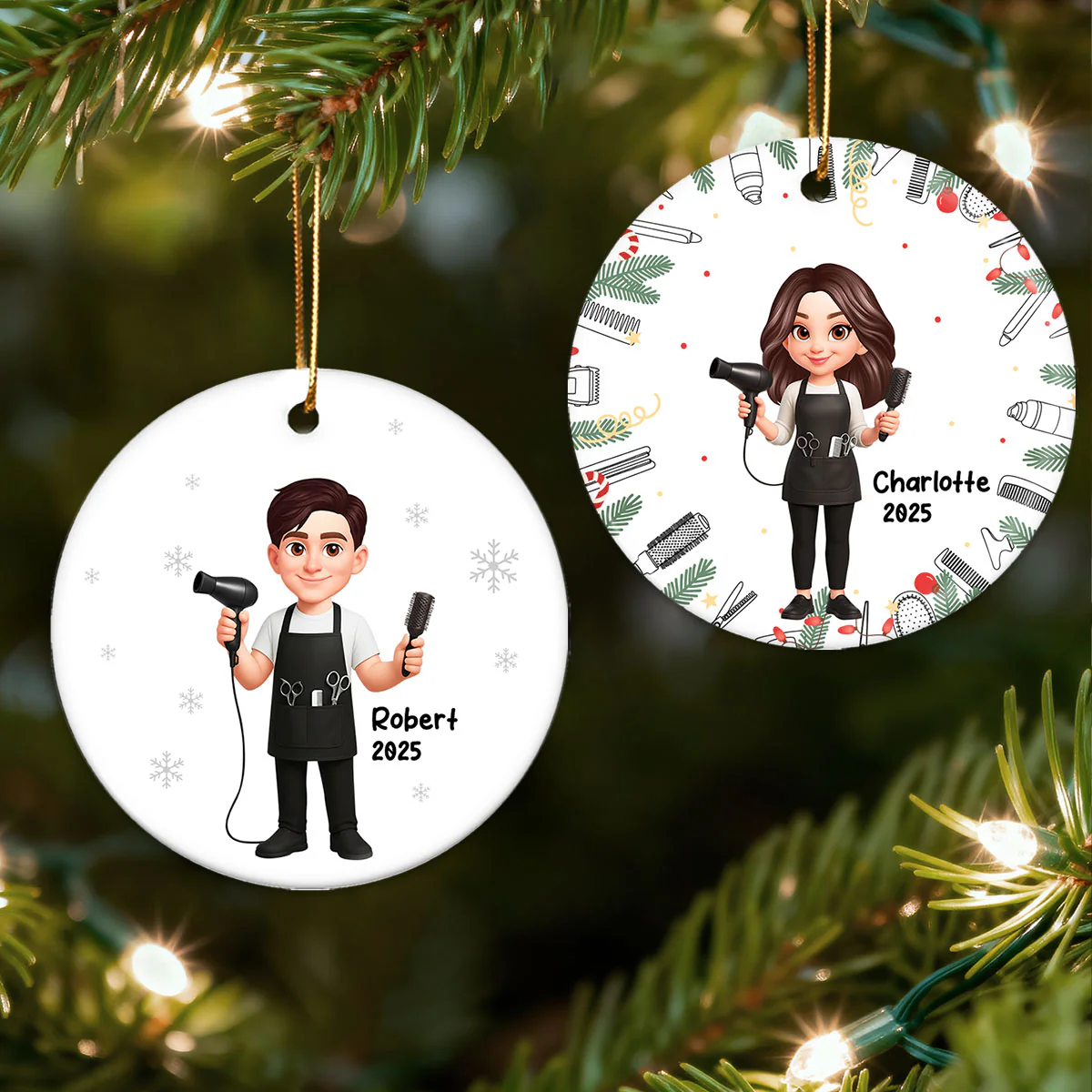 Christmas Hairdresser Man Woman - Personalized Ceramic Ornament - Gift For Hairdressers - Image 3