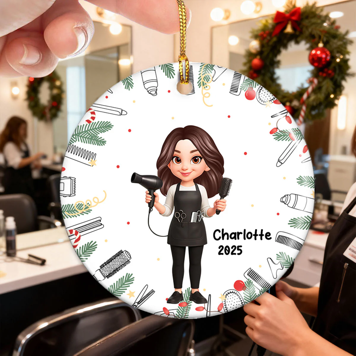 Christmas Hairdresser Man Woman - Personalized Ceramic Ornament - Gift For Hairdressers - Image 4