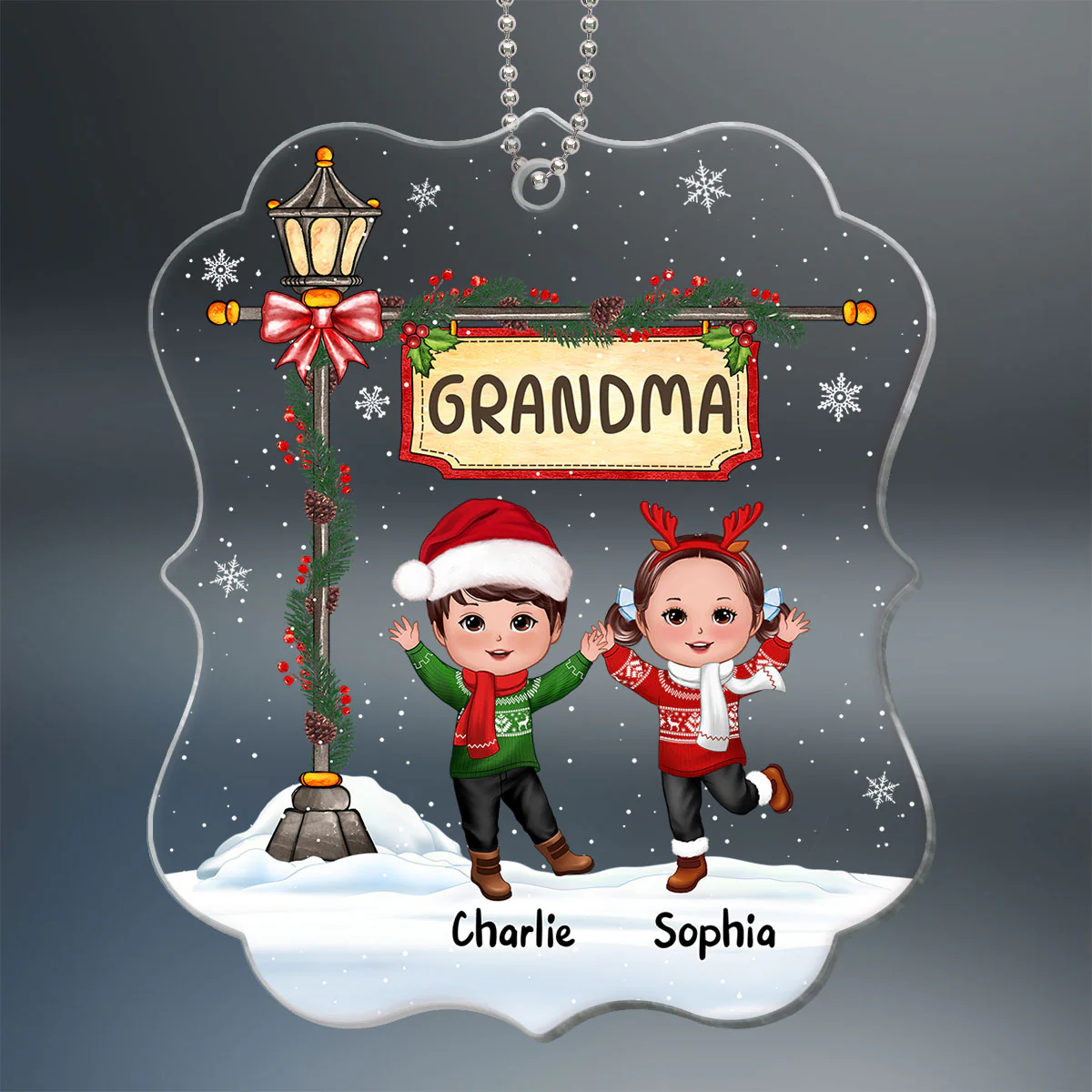 Christmas Happy Doll Kids Under Lamp Post Personalized Acrylic Ornament - Image 2