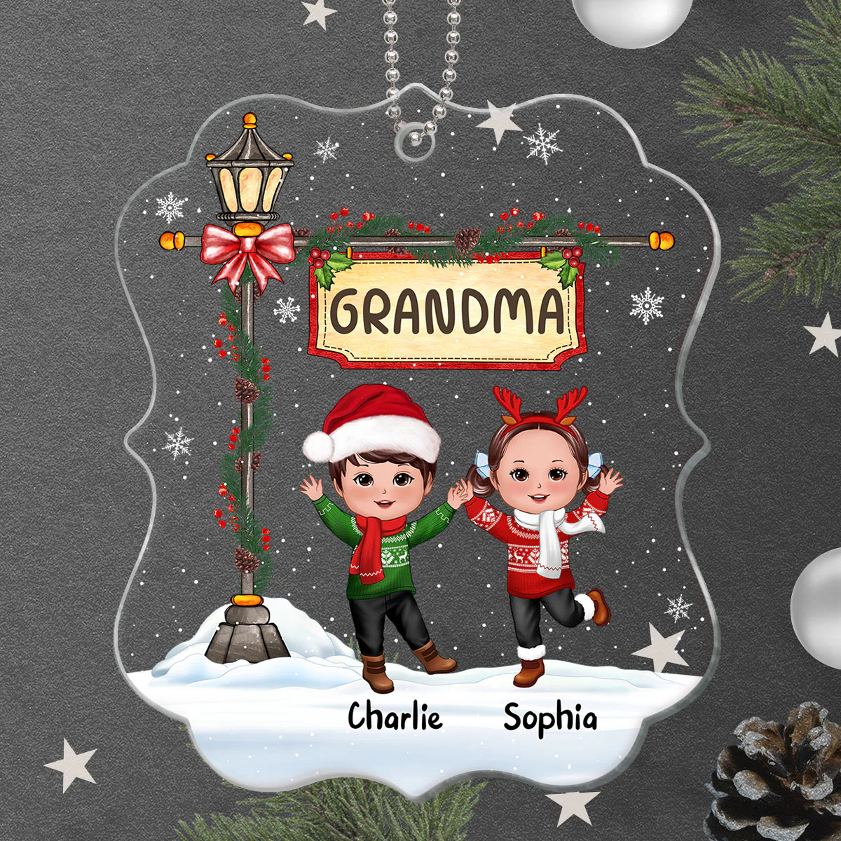 Christmas Happy Doll Kids Under Lamp Post Personalized Acrylic Ornament - Image 3
