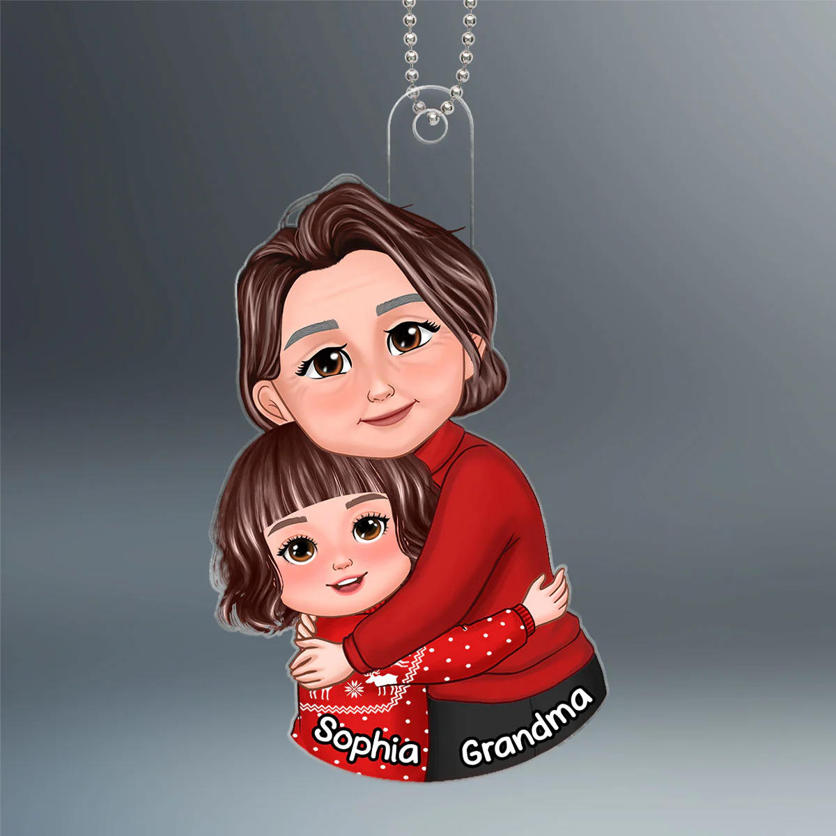 Christmas Happy Face Grandma & Grandkid Hugging Personalized Acrylic Ornament - Image 2